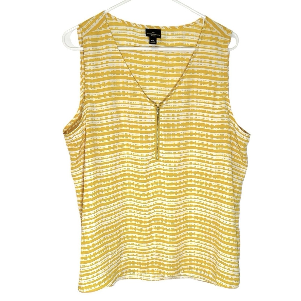 Worthington PXL Yellow Striped Sleeveless Blouse Zip V-Neck Career Casual Summer